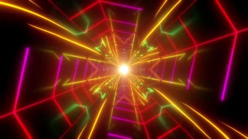 Futuristic neon tunnel glowing with bright abstract geometric patterns