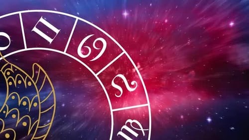 Composition of pisces star sign symbol in spinning zodiac wheel over glowing stars