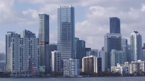 The skyline of Downtown Miami Florida. Wide Establishing Shot. Buildings filling the frame