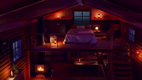 Gemütliches Schlafzimmer mit Kamin, Regen am Fenster