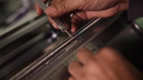 Manuelles Einstellen der Fäden an den Strickmaschinennadeln
