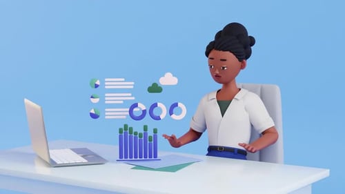 Woman character 3d animation. Financial graphs and charts, business. Accounting, analysis