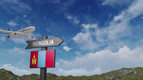 Airplane Flying Past Mongolia Signpost with Flag