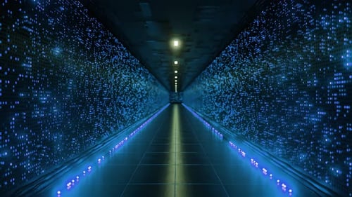 Data center corridor with futuristic blue glowing servers