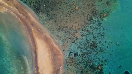 Drone View Turquoise Lagoon Water Calm Ocean Waves Washing Sandy Island Beach