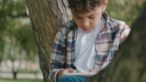 Little Boy Plays Games on the Smartphone Comfortably Sitting on a Tree Branch in a Summer Park