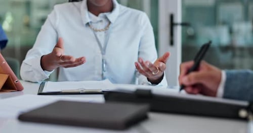 Business people, hands and closeup at meeting with documents for proposal
