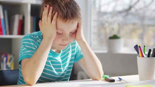 Boy is Doing His Homework at the Table Cute Child is Learning at Home with the Help of Textbooks and