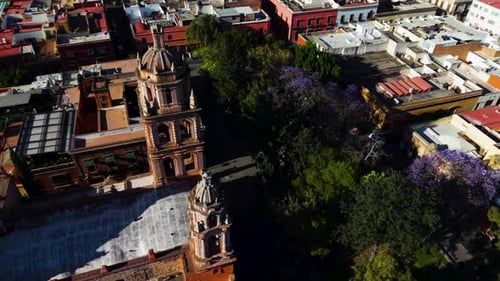 Aerial View of Historic Church in Urban Setting