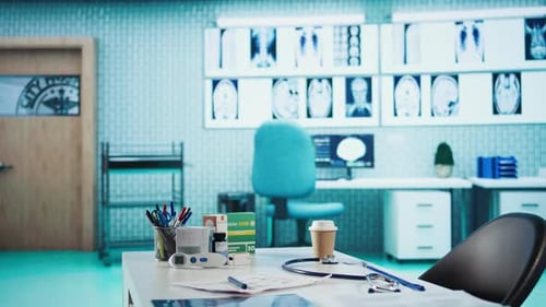 Empty Medical Office with Computers and Diagnostic Tools Set Up
