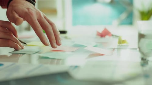 Sticker. Business analyst in responsible shirt employee analyzes ideas in modern office space