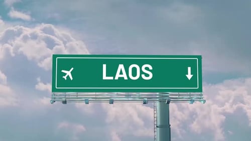 Airplane Arriving To Laos Road Sign