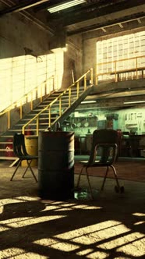 Chair and Table in Rustic Auto Repair Shop