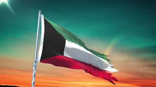 Kuwait National Flag Waving in Realistic Slow Motion Loop