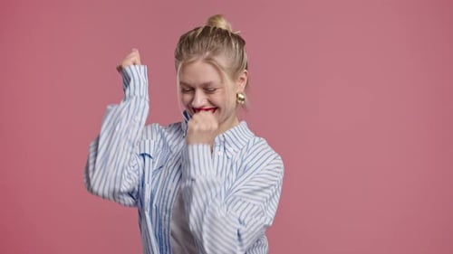 Happy Woman Makes Victory Gesture Yes Clenched Fist Joy Triumphant Expression