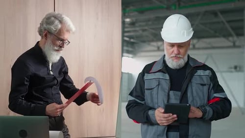Collage Video Adult Grayhaired Workers Engineers Uses a Tablets Indoor the Workplaces Logistics