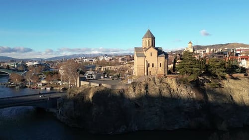 Aerial View of the Metekhi Temple Which is Located Next to the Kura River