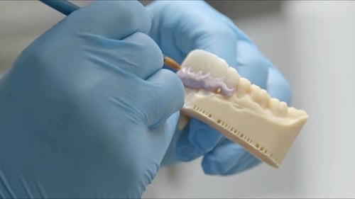 Dental Technician Working on Tooth Mold with Brush