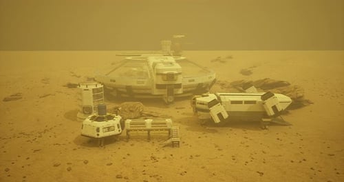 Mars Exploration Base Located in a Dusty Environment with Scientific Equipment