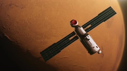 Space Module or Space satellite or station flies in orbit Planet Mars