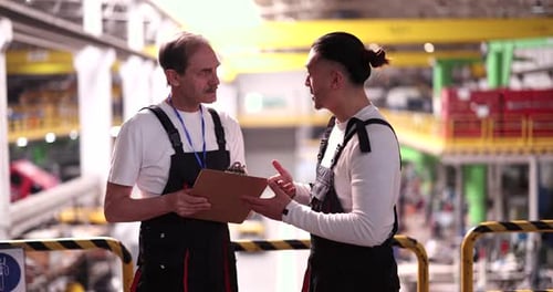 Multiracial industrial engineers discussing a project with a clipboard in a heavy industry manufactu