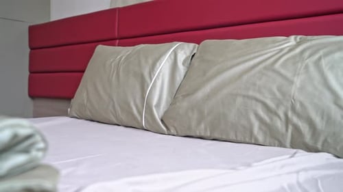 Comfortable Bed with Modern Red Headboard and Pillows