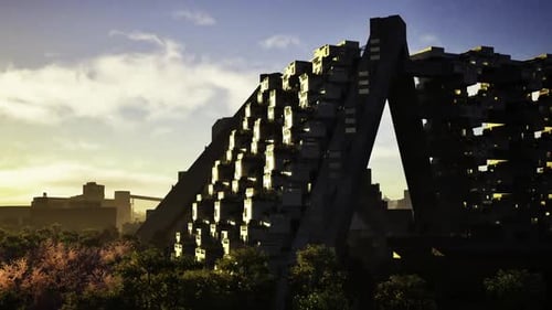 Escena Cinemática de una Pirámide con sombras alargadas y flores silvestres vibrantes