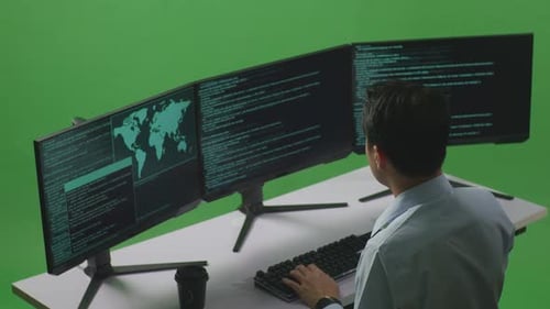 Side View Of Asian Man Developer Using Computer To Write Code With Multiple Screens In Green Screen