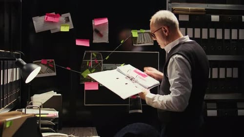 Investigator Reviews Crime Scene Documents in Dark Office