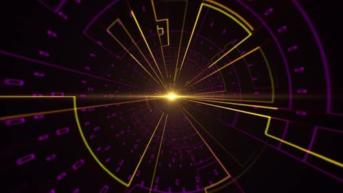 Seamless looped flying through technology tunnel with glowing purple and yellow drawings
