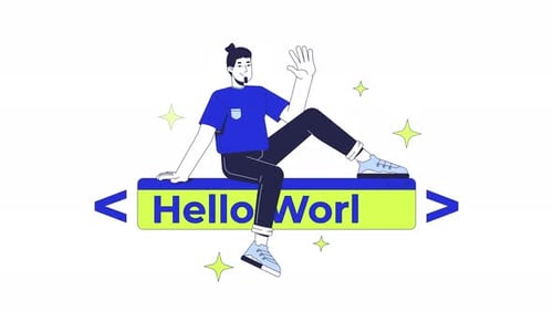 Developer over hello world text banner 2D animation