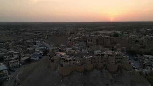 Orbit drone shot of Jaisalmer Fort in 4K stunning aerial view of Rajasthan, India