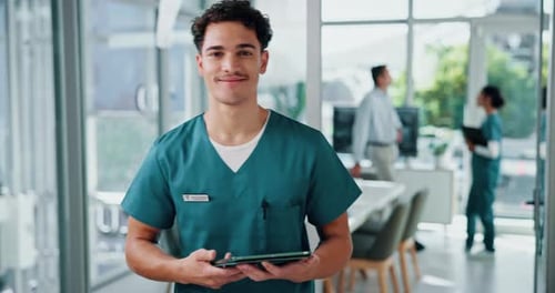 Face, nurse and happy man with tablet in hospital for healthcare service