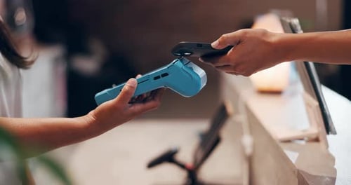 Person, hands and pos machine with phone for payment, fintech or wireless transaction in shop