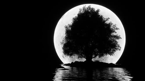 Minimalist Tree Silhouette Against Full Moon Over Water
