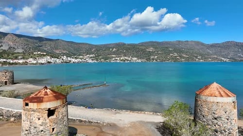 Schisma Elounda coastal town skyline and landscape in northern Crete, Aerial view