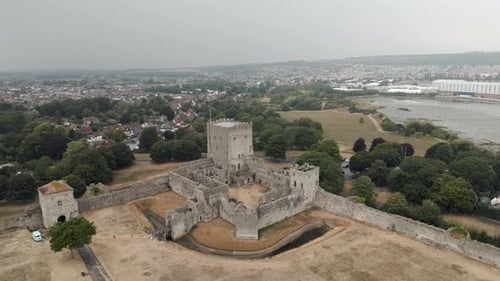 An aerial view of the Portchester Castle, a medieval castle ruin in the county of Hampshire, England