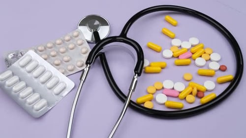 Pills, Capsules, and Stethoscope on Purple Background