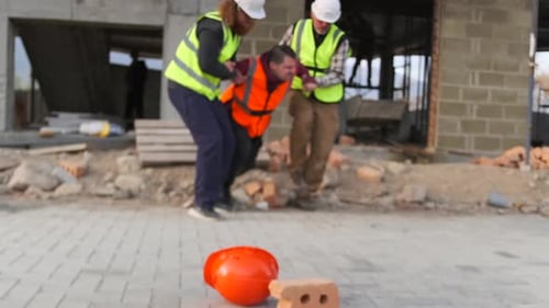 Manual workers helping injured co-worker after accident after broken leg at construction site