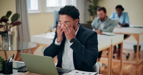 Business, man and sneeze with tissue in office for allergy season, influenza infection