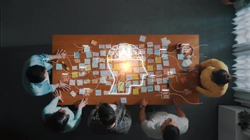 Kreatives Brainstorming mit einem vielfältigen Team, das Ideen auf Haftnotizen generiert, konzeptionell, visuell