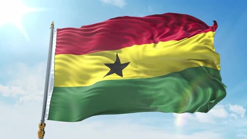 Ghana National Flag Waving in Sunny Sky