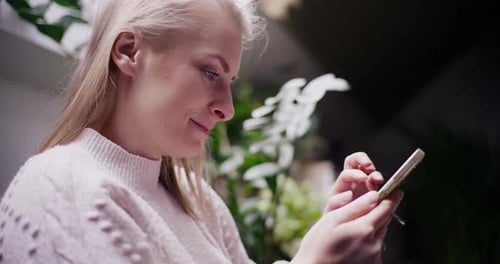Woman with Blond Hair Looking at Phone