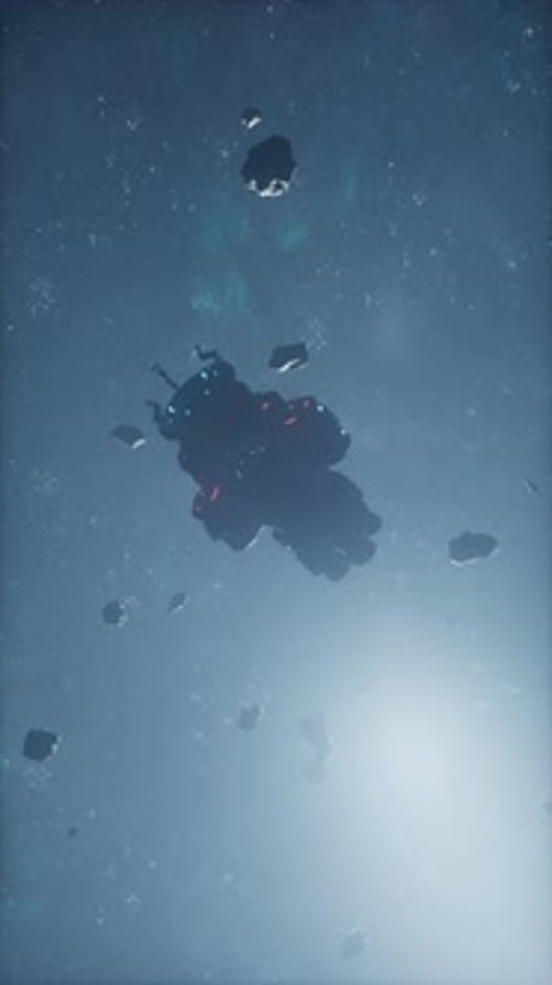 Futuristic Spaceship Flying Through Asteroid Field in Deep Space