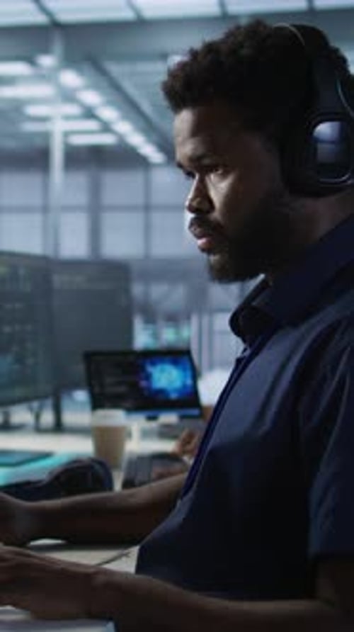 Ingeniero de Vídeo Vertical en un centro de datos con auriculares que implementa sistemas de IA