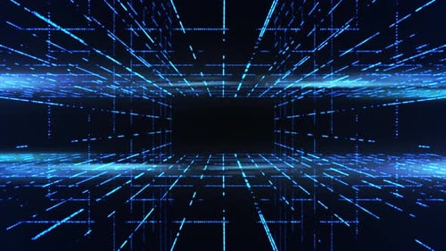 Futuristic Digital Grid Tunnel with Blue Lines