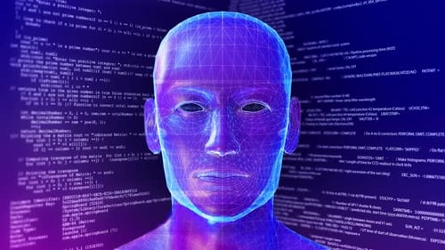 Cybernetic Wireframe Human Head with Digital Code Background