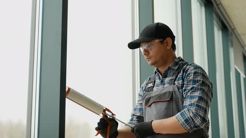 Man Using Caulking Gun on Building Window