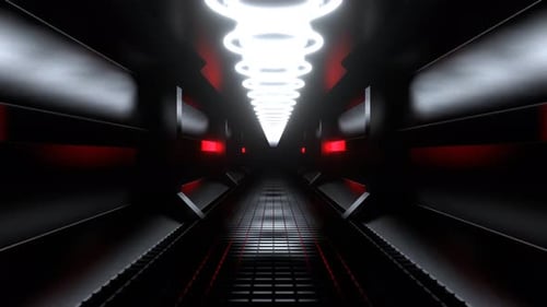 Red And White Endless Sci Fi Corridor With Neon Lighting Background Vj Loop I 4K