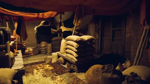 Old World Market Scene with Sacks and Merchandise